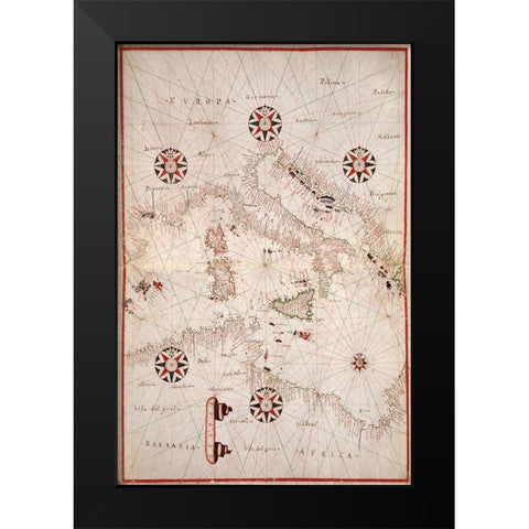 Portolan atlas of the Mediterranean Sea, western Europe, and the northwest coast of Africa - Central Black Modern Wood Framed Art Print by Oliva, Joan