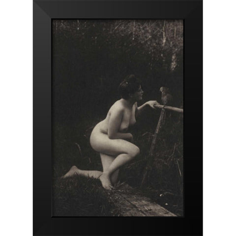 Gossiping with a Parrot Black Modern Wood Framed Art Print by Vintage Nudes