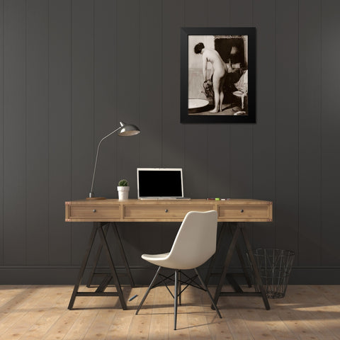 Pouring a Bath Black Modern Wood Framed Art Print by Vintage Nudes