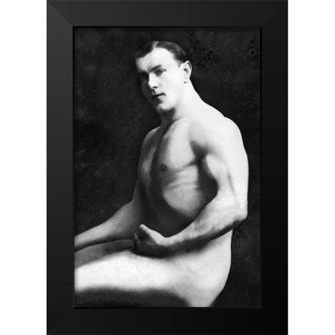 Arm Curl from Seated Pose Black Modern Wood Framed Art Print by Vintage Muscle Men