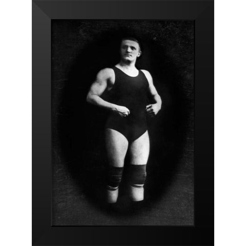 Bodybuilder in Wrestling Outfit and Knee Pads Black Modern Wood Framed Art Print by Vintage Muscle Men