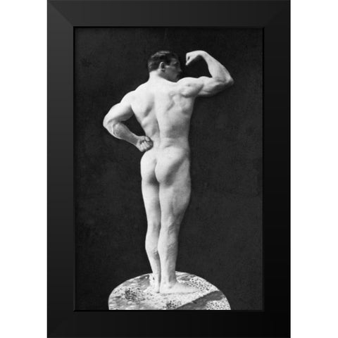 Statuesque Back and Arm Curl Black Modern Wood Framed Art Print by Vintage Muscle Men