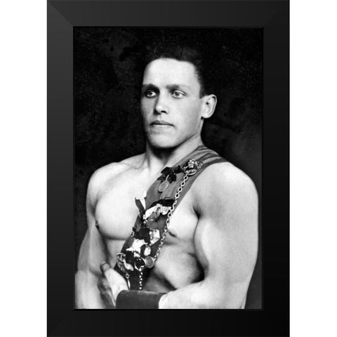 Russian Wrestler with Medals Black Modern Wood Framed Art Print by Vintage Wrestler