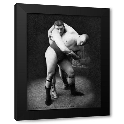 Hip Throw: Russian Wrestlers Black Modern Wood Framed Art Print with Double Matting by Vintage Wrestler