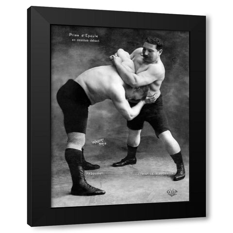 Prise d Epaule en Dessous Debout Black Modern Wood Framed Art Print by Vintage Wrestler