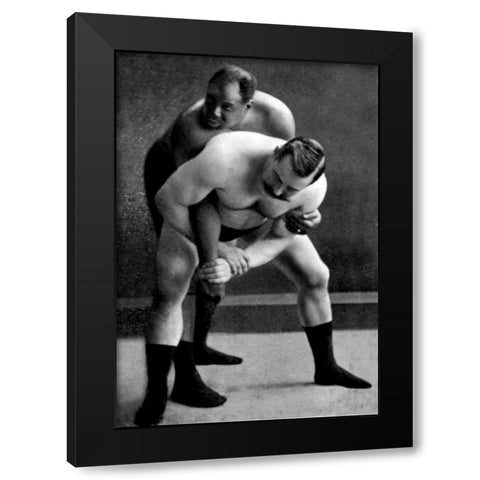 Wrist Lock: Russian Wrestlers Black Modern Wood Framed Art Print by Vintage Wrestler