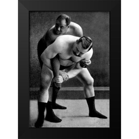 Wrist Lock: Russian Wrestlers Black Modern Wood Framed Art Print by Vintage Wrestler