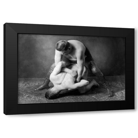 Half Nelson Black Modern Wood Framed Art Print by Vintage Wrestler
