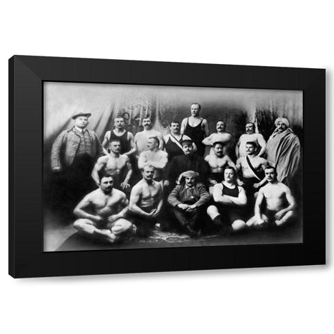 Group of Russian Wrestlers Black Modern Wood Framed Art Print with Double Matting by Vintage Wrestler
