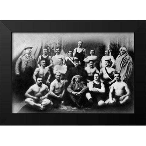 Group of Russian Wrestlers Black Modern Wood Framed Art Print by Vintage Wrestler