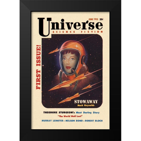 Universe Science Fiction: Rocket Girl Black Modern Wood Framed Art Print by Retrosci-fi