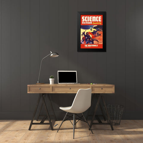 Science Fiction Quarterly: Astronaut Battle Black Modern Wood Framed Art Print by Retrosci-fi