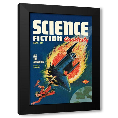 Science Fiction Quarterly: Comet Crashes into Rocket Black Modern Wood Framed Art Print with Double Matting by Retrosci-fi