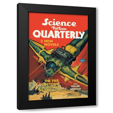 Science Fiction Quarterly: Rocket Man Attacks Black Modern Wood Framed Art Print with Double Matting by Retrosci-fi