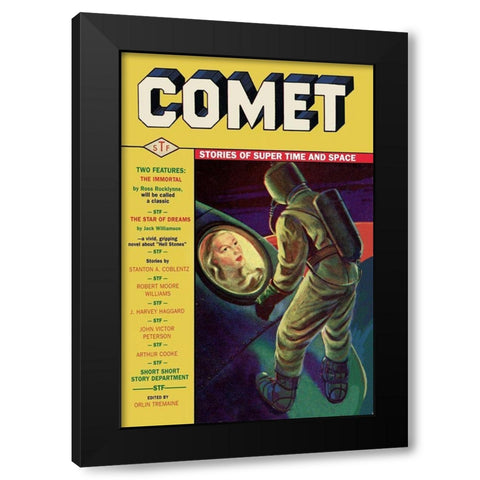 Comet: Beautiful Woman in Rocket Window Black Modern Wood Framed Art Print with Double Matting by Retrosci-fi