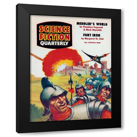 Science Fiction Quarterly: Spaceship Attack on Medieval Fortress Black Modern Wood Framed Art Print with Double Matting by Retrosci-fi