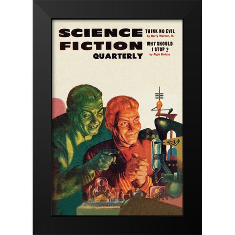 Science Fiction Quarterly: Diabolical Scheming Black Modern Wood Framed Art Print by Retrosci-fi