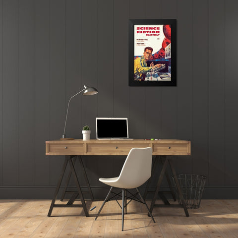 Science Fiction Quarterly: Setting Explosives Black Modern Wood Framed Art Print by Retrosci-fi