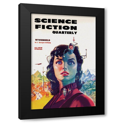 Science Fiction Quarterly: Woman with Forehead Transmitter Black Modern Wood Framed Art Print by Retrosci-fi