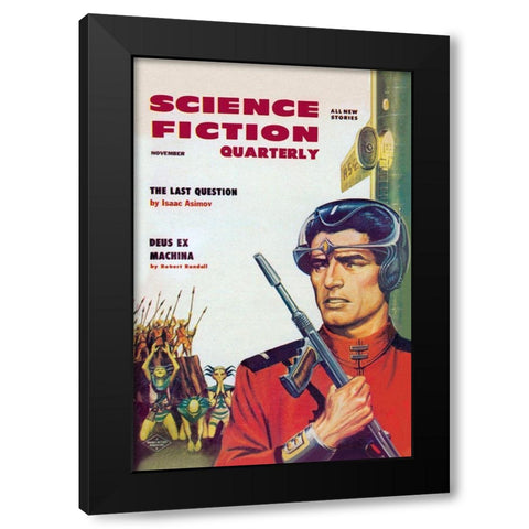 Science Fiction Quarterly: Astronaut Sizes up the Aliens Black Modern Wood Framed Art Print by Retrosci-fi