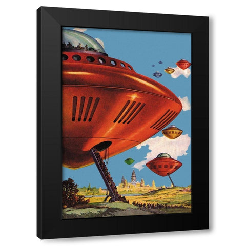 Spaceships at Angkor Wat Black Modern Wood Framed Art Print by Retrosci-fi