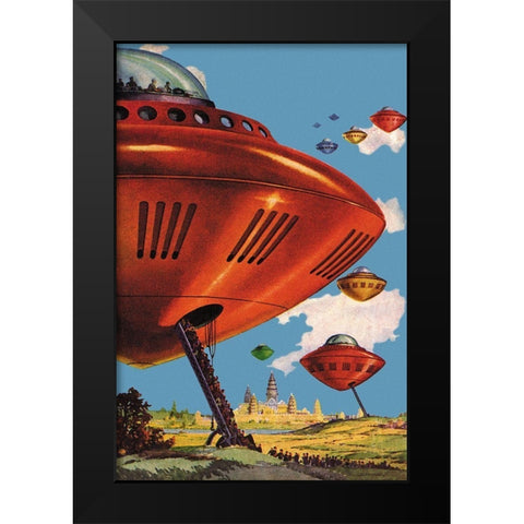 Spaceships at Angkor Wat Black Modern Wood Framed Art Print by Retrosci-fi