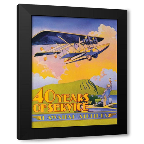 Hawaiian Airlines - 40 Years of Service Black Modern Wood Framed Art Print with Double Matting by White, C.E.