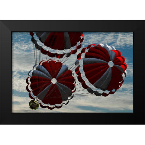 Orion descending by parachute on re-entry to Earth, Project Constellation Black Modern Wood Framed Art Print by NASA