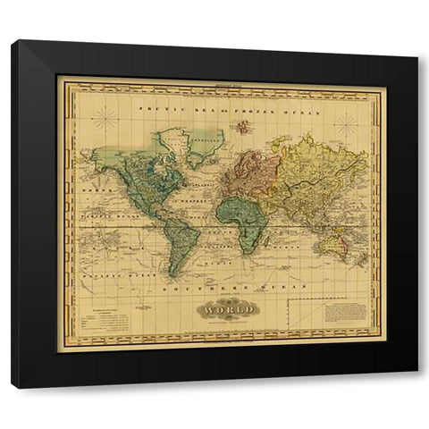 World on Mercators Projection, 1823 - Tea Stained Black Modern Wood Framed Art Print by Tanner, Henry