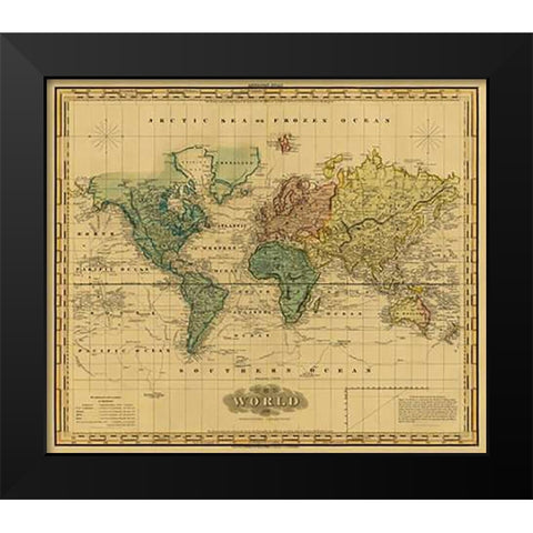 World on Mercators Projection, 1823 - Tea Stained Black Modern Wood Framed Art Print by Tanner, Henry