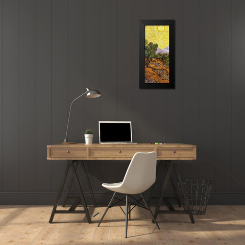 Olive Trees With Yellow Sky And Sun (center) Black Modern Wood Framed Art Print by Van Gogh, Vincent