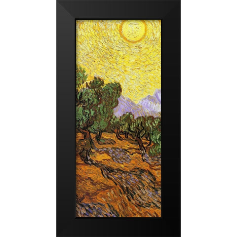 Olive Trees With Yellow Sky And Sun (center) Black Modern Wood Framed Art Print by Van Gogh, Vincent