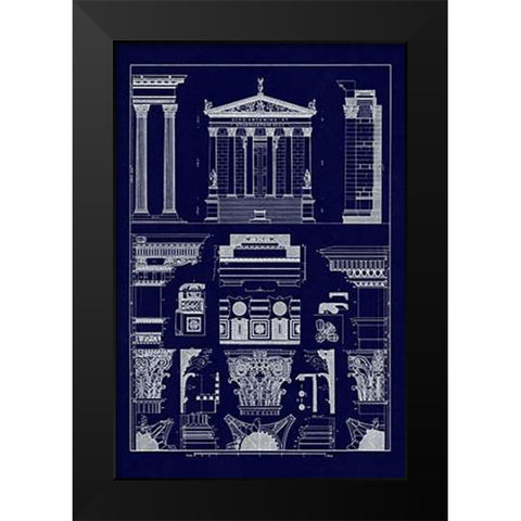 Temples of Antonius, Castor and Mars (Blueprint) Black Modern Wood Framed Art Print by Buhlmann, J.