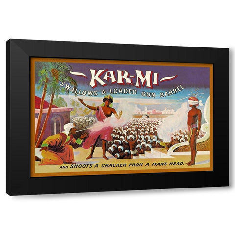 Magicians: Kar-Mi Swallows a Loaded Gun Barrel and Shoots a Cracker from a Mans Head Black Modern Wood Framed Art Print by Hallworth, Joseph B.