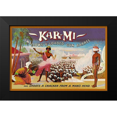Magicians: Kar-Mi Swallows a Loaded Gun Barrel and Shoots a Cracker from a Mans Head Black Modern Wood Framed Art Print by Hallworth, Joseph B.
