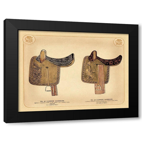 Saddles and Tack: Ladies Saddles #1 Black Modern Wood Framed Art Print with Double Matting by Unknown