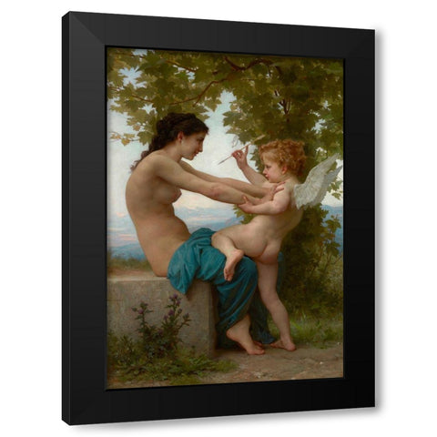 A Young Girl Defending Herself against Eros Black Modern Wood Framed Art Print by Bouguereau, William-Adolphe