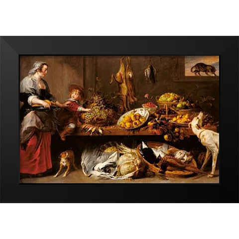 Kitchen Still Life with a Maid and Young Boy Black Modern Wood Framed Art Print by Snyders, Frans