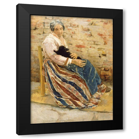 An Old Woman with Cat Black Modern Wood Framed Art Print by Liebermann, Max