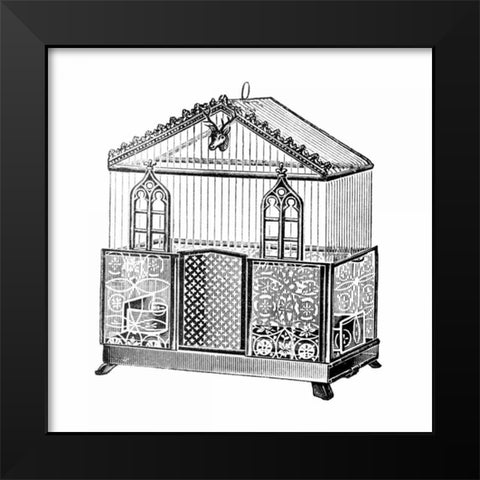 Etchings: Birdcage - Peaked top, patterned base, windows and deer head detail. Black Modern Wood Framed Art Print by Catalog Illustration