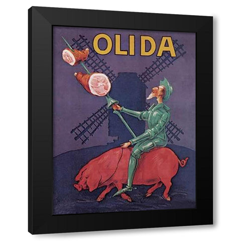 Pigs and Pork: Don Quixote Riding a Pig Black Modern Wood Framed Art Print by Advertisement