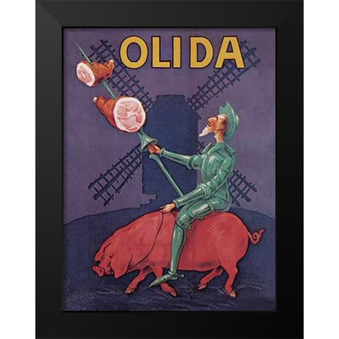 Pigs and Pork: Don Quixote Riding a Pig Black Modern Wood Framed Art Print by Advertisement