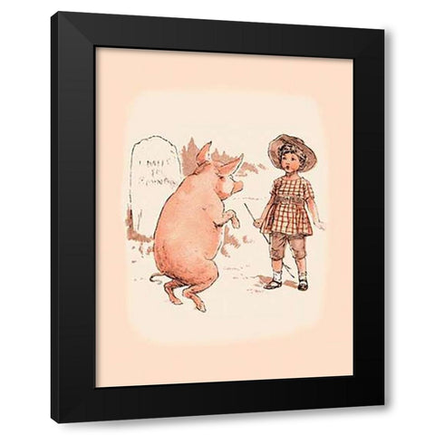 Pigs and Pork: Pig on Hind Legs and Little Girl Black Modern Wood Framed Art Print by Advertisement