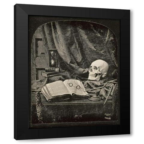 Still Life with Skull, Open Book with Glasses, and Hourglass Black Modern Wood Framed Art Print by Williams, Thomas Richard