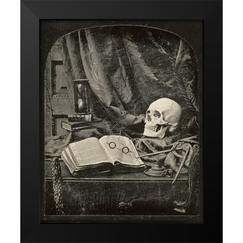 Still Life with Skull, Open Book with Glasses, and Hourglass Black Modern Wood Framed Art Print by Williams, Thomas Richard