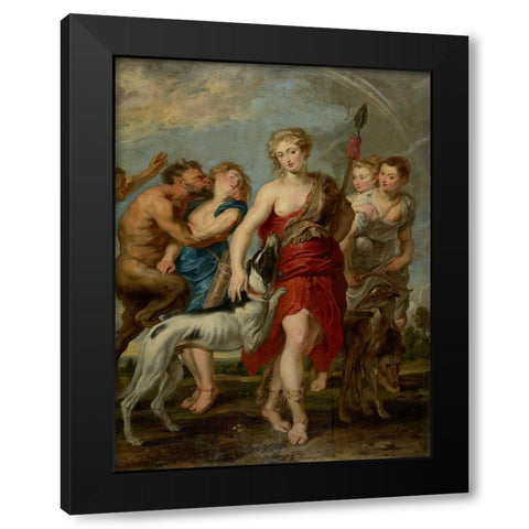 Diana and Her Nymphs on the Hunt Black Modern Wood Framed Art Print with Double Matting by Peter Paul Rubens, Workshop of