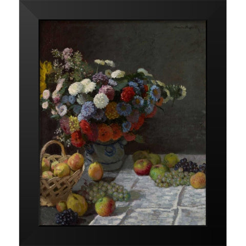 Still Life with Flowers and Fruit Black Modern Wood Framed Art Print by Monet, Claude