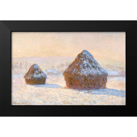 Wheatstacks, Snow Effect, Morning - Meules, Effet de Neige, Le Matin Black Modern Wood Framed Art Print by Monet, Claude