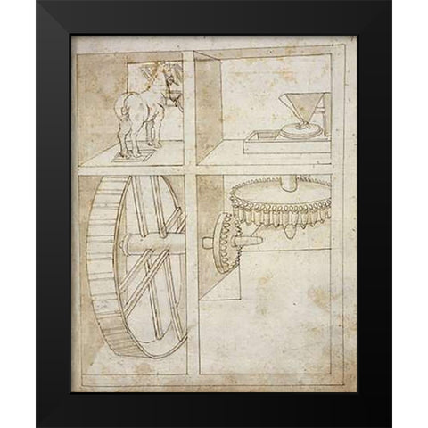 Folio 43: mill powered by horse Black Modern Wood Framed Art Print by Martini, Francesco di