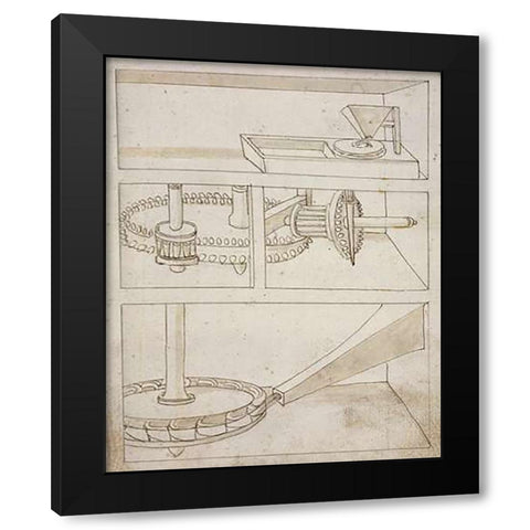 Mill with horizontal water wheel Black Modern Wood Framed Art Print by Martini, Francesco di
